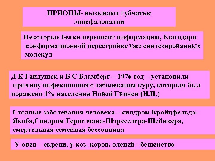 ПРИОНЫ- вызывают губчатые энцефалопатии Некоторые белки переносят информацию, благодаря конформационной перестройке уже синтезированных молекул