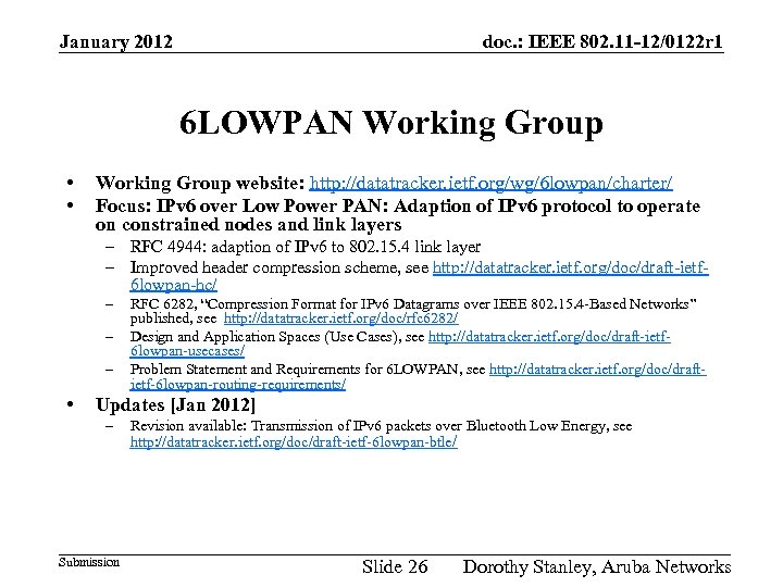January 2012 doc. : IEEE 802. 11 -12/0122 r 1 6 LOWPAN Working Group