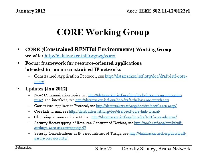 January 2012 doc. : IEEE 802. 11 -12/0122 r 1 CORE Working Group •
