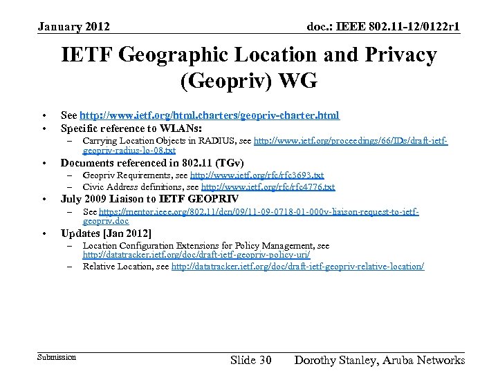 January 2012 doc. : IEEE 802. 11 -12/0122 r 1 IETF Geographic Location and