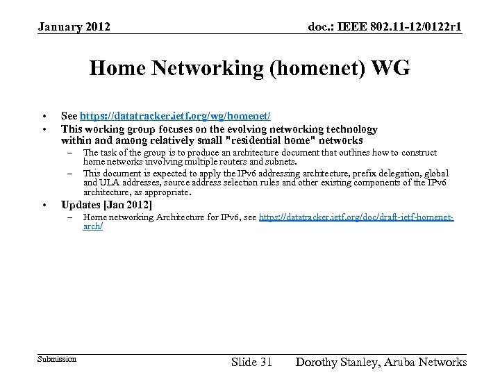 January 2012 doc. : IEEE 802. 11 -12/0122 r 1 Home Networking (homenet) WG