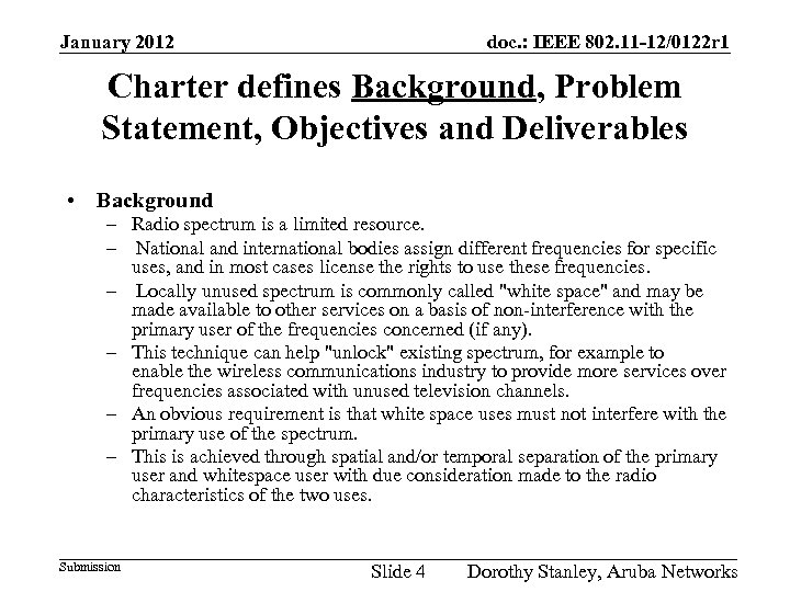 January 2012 doc. : IEEE 802. 11 -12/0122 r 1 Charter defines Background, Problem