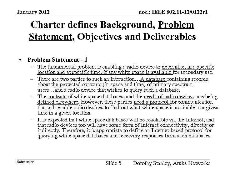 January 2012 doc. : IEEE 802. 11 -12/0122 r 1 Charter defines Background, Problem