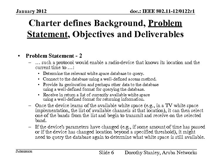 January 2012 doc. : IEEE 802. 11 -12/0122 r 1 Charter defines Background, Problem