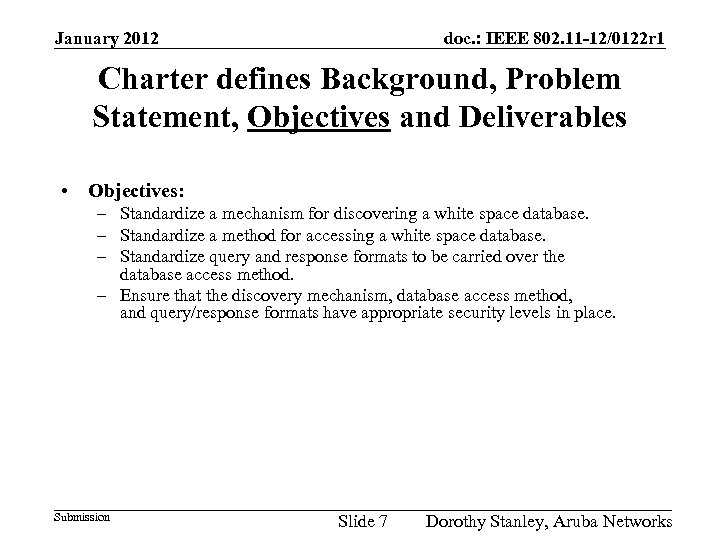 January 2012 doc. : IEEE 802. 11 -12/0122 r 1 Charter defines Background, Problem
