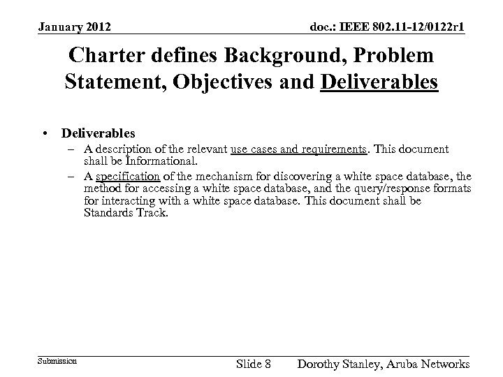 January 2012 doc. : IEEE 802. 11 -12/0122 r 1 Charter defines Background, Problem