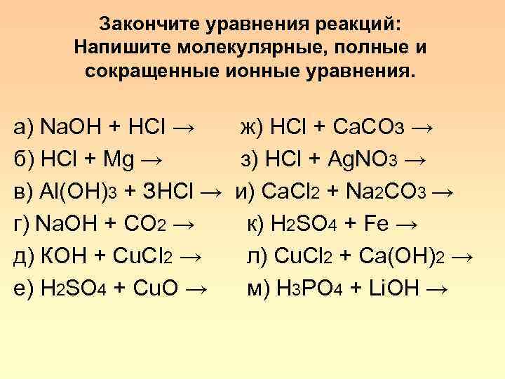 Закончите уравнения реакций: Напишите молекулярные, полные и сокращенные ионные уравнения. а) Na. OH +