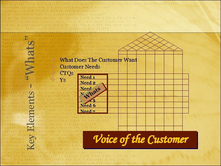 - “Whats” Key Elements v v What Does The Customer Want Customer Needs CTQs