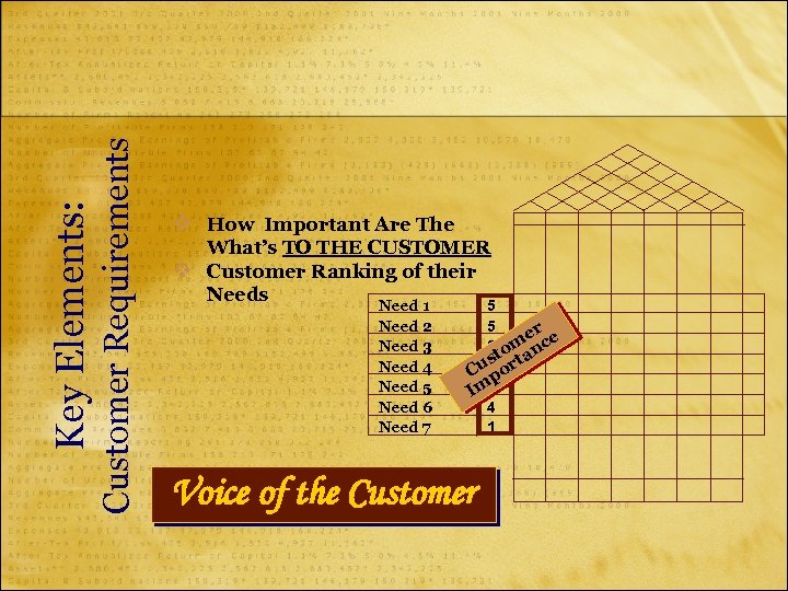 Customer Requirements Key Elements: v How Important Are The What’s TO THE CUSTOMER v