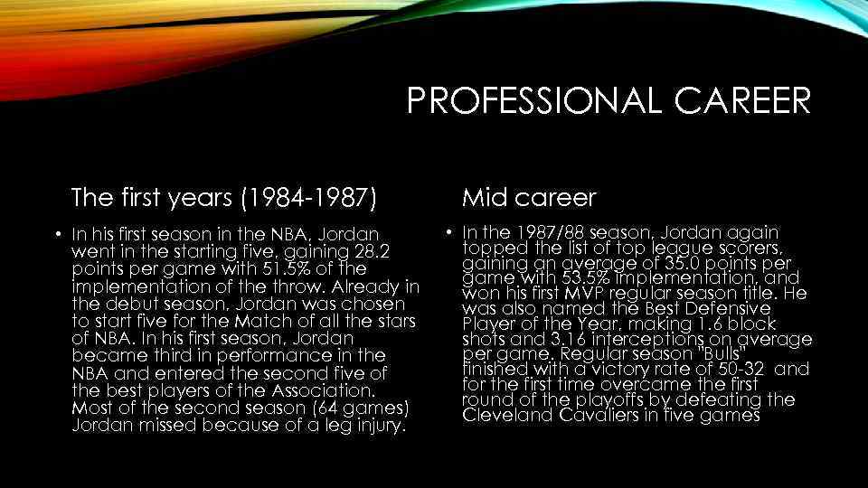 PROFESSIONAL CAREER The first years (1984 -1987) • In his first season in the