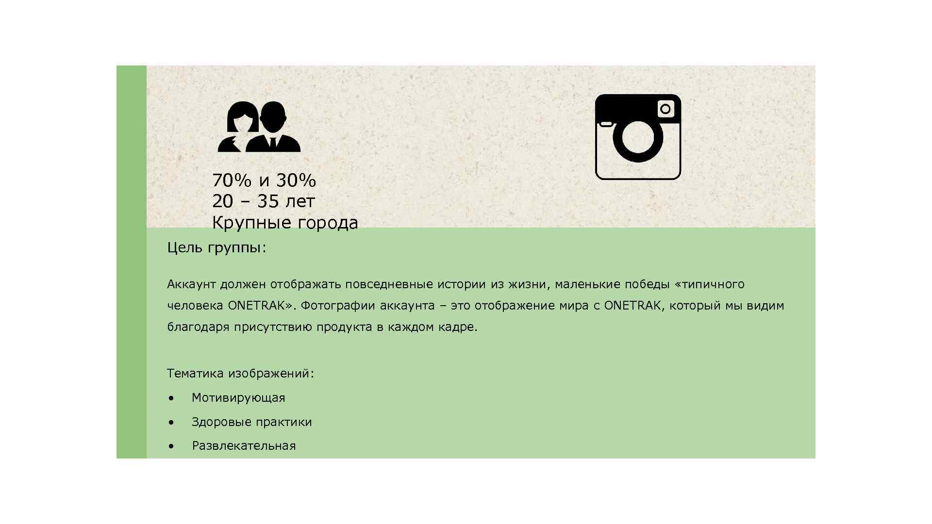 70% и 30% 20 – 35 лет Крупные города Цель группы: Аккаунт должен отображать