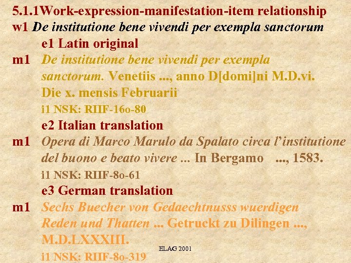 5. 1. 1 Work-expression-manifestation-item relationship w 1 De institutione bene vivendi per exempla sanctorum