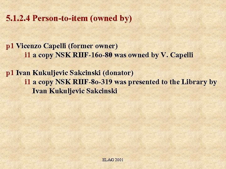 5. 1. 2. 4 Person-to-item (owned by) p 1 Vicenzo Capelli (former owner) i