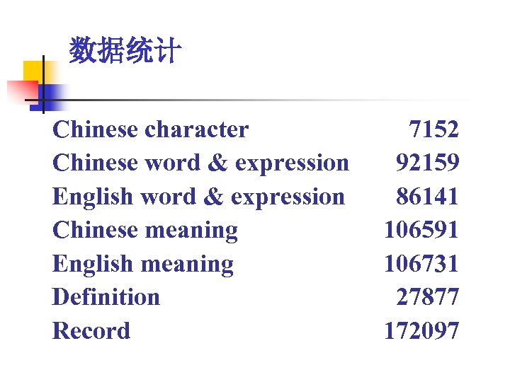数据统计 Chinese character Chinese word & expression English word & expression Chinese meaning English