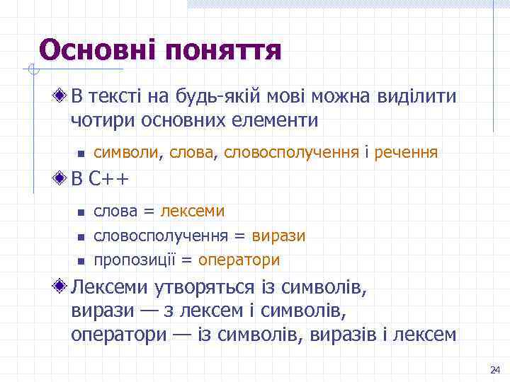 Основні поняття В тексті на будь-якій мові можна виділити чотири основних елементи n символи,