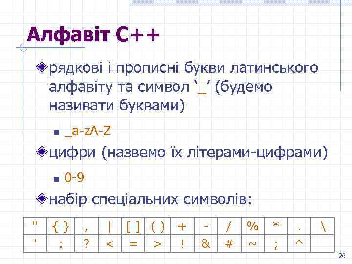 Алфавіт С++ рядкові і прописні букви латинського алфавіту та символ ‘_’ (будемо називати буквами)