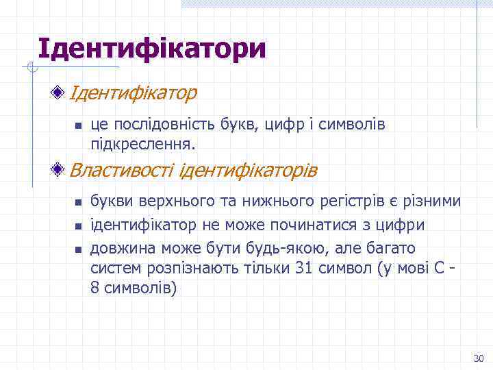 Ідентифікатори Ідентифікатор n це послідовність букв, цифр і символів підкреслення. Властивості ідентифікаторів n n