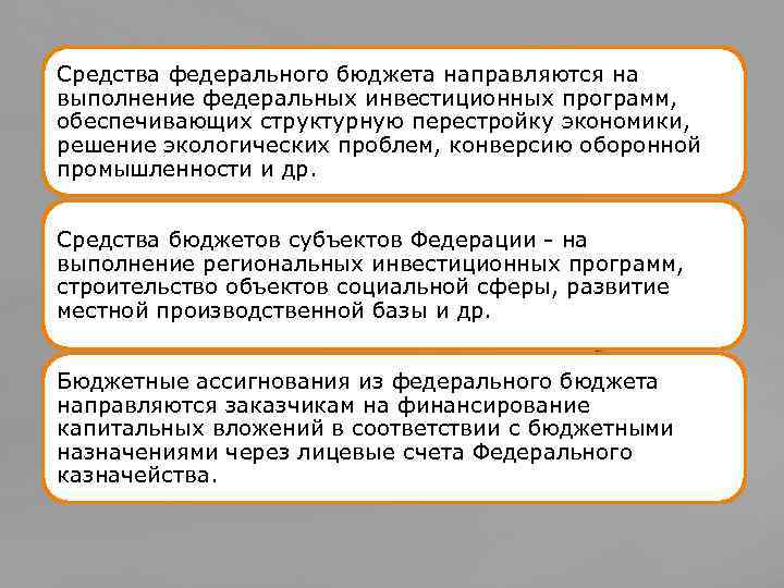 Средства федерального бюджета направляются на выполнение федеральных инвестиционных программ, обеспечивающих структурную перестройку экономики, решение