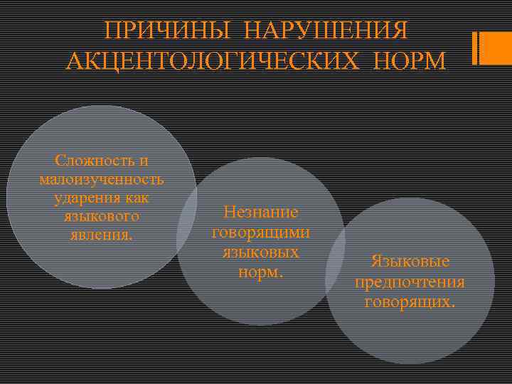 ПРИЧИНЫ НАРУШЕНИЯ АКЦЕНТОЛОГИЧЕСКИХ НОРМ Сложность и малоизученность ударения как языкового явления. Незнание говорящими языковых