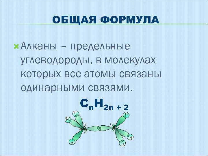ОБЩАЯ ФОРМУЛА Алканы – предельные углеводороды, в молекулах которых все атомы связаны одинарными связями.