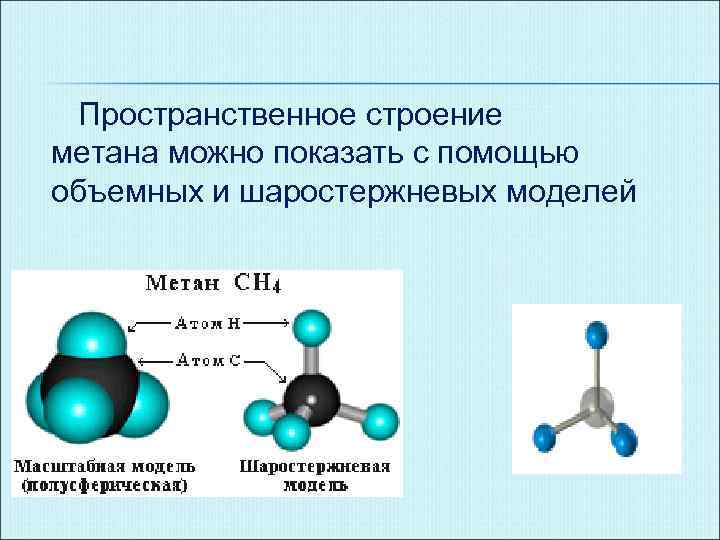 Пространственное строение метана можно показать с помощью объемных и шаростержневых моделей 