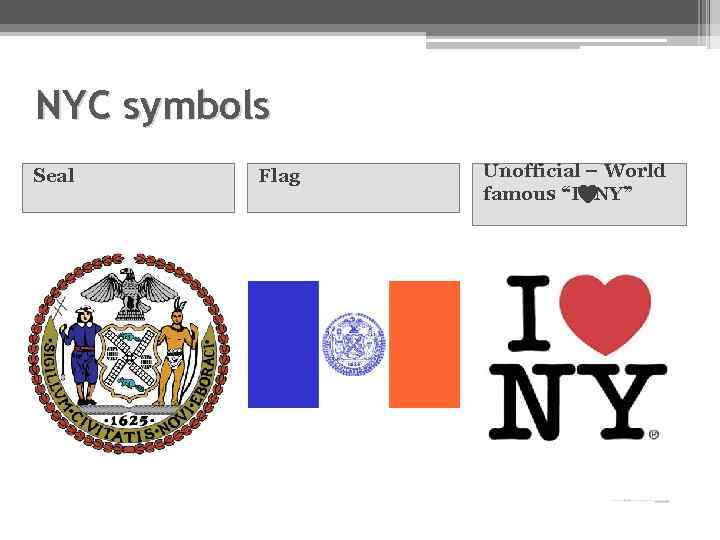 NYC symbols Seal Flag Unofficial – World famous “I NY” 