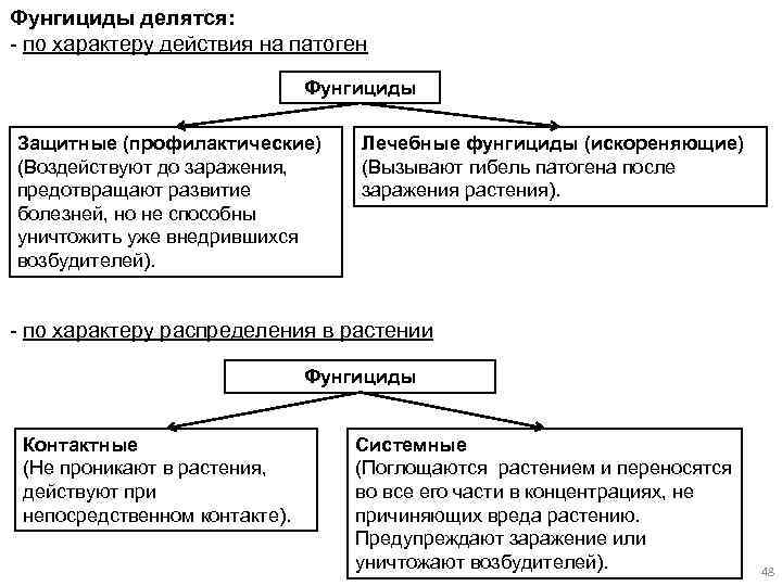 Фунгициды делятся: - по характеру действия на патоген Фунгициды Защитные (профилактические) (Воздействуют до заражения,