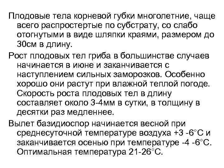 Плодовые тела корневой губки многолетние, чаще всего распростертые по субстрату, со слабо отогнутыми в