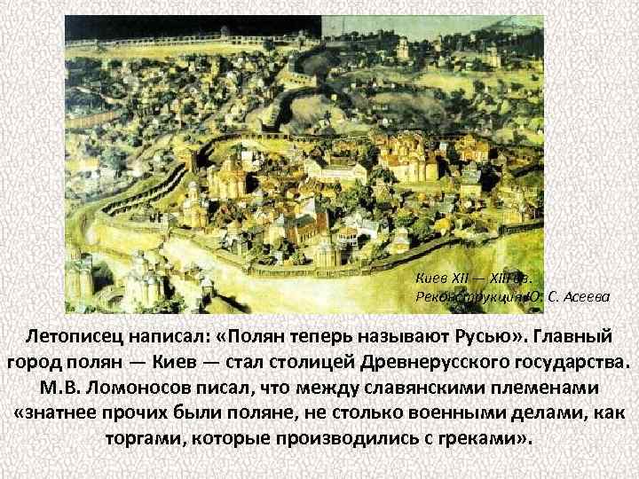 Киев XII — XIII вв. Реконструкция Ю. С. Асеева Летописец написал: «Полян теперь называют