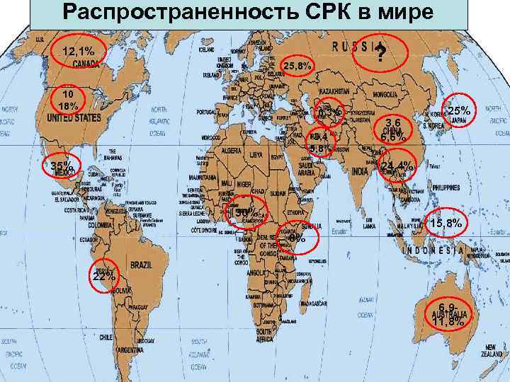 Распространенность СРК в мире ? 12, 1% 25, 8% 10 18% 6, 3% 3,