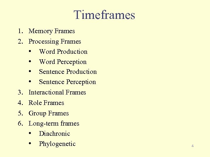 Timeframes 1. Memory Frames 2. Processing Frames • Word Production • Word Perception •