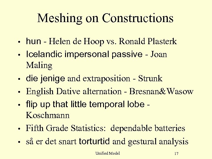 Meshing on Constructions • • hun - Helen de Hoop vs. Ronald Plasterk Icelandic