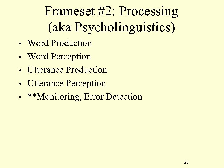 Frameset #2: Processing (aka Psycholinguistics) • • • Word Production Word Perception Utterance Production