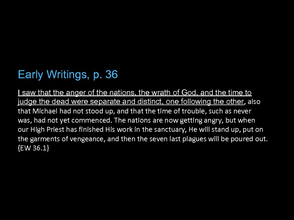 Early Writings, p. 36 I saw that the anger of the nations, the wrath