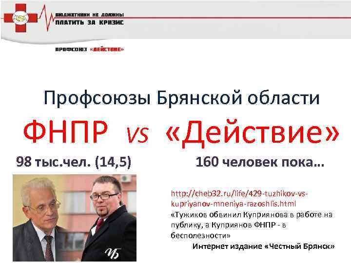 Профсоюзы Брянской области ФНПР VS 98 тыс. чел. (14, 5) «Действие» 160 человек пока…