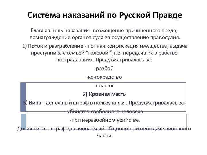 Система наказаний по Русской Правде Главная цель наказания- возмещение причиненного вреда, вознаграждение органов суда