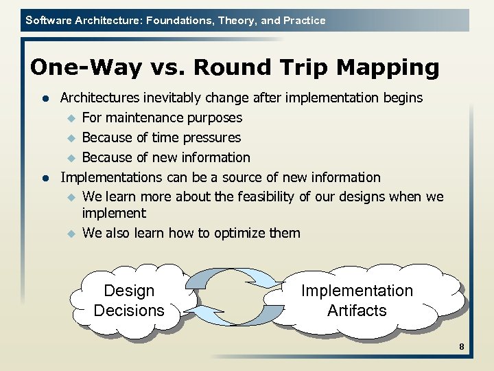 Software Architecture: Foundations, Theory, and Practice One-Way vs. Round Trip Mapping l l Architectures