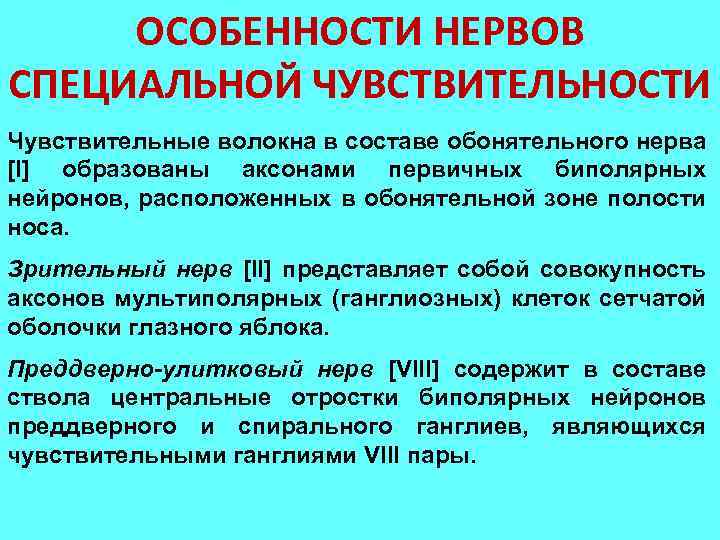 ОСОБЕННОСТИ НЕРВОВ СПЕЦИАЛЬНОЙ ЧУВСТВИТЕЛЬНОСТИ Чувствительные волокна в составе обонятельного нерва [I] образованы аксонами первичных