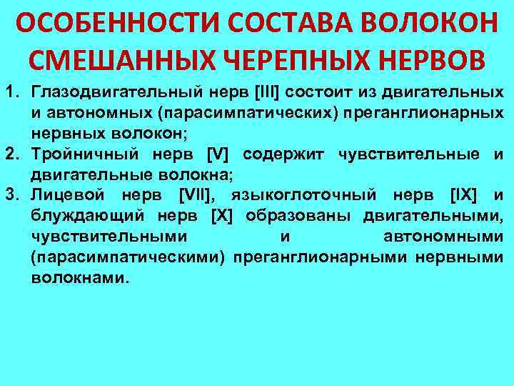 ОСОБЕННОСТИ СОСТАВА ВОЛОКОН СМЕШАННЫХ ЧЕРЕПНЫХ НЕРВОВ 1. Глазодвигательный нерв [III] состоит из двигательных и