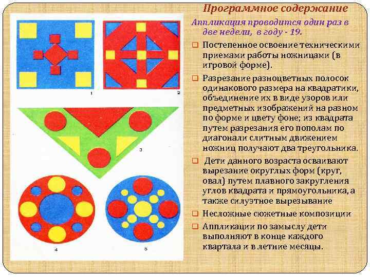 Программное содержание Аппликация проводится один раз в две недели, в году - 19. q