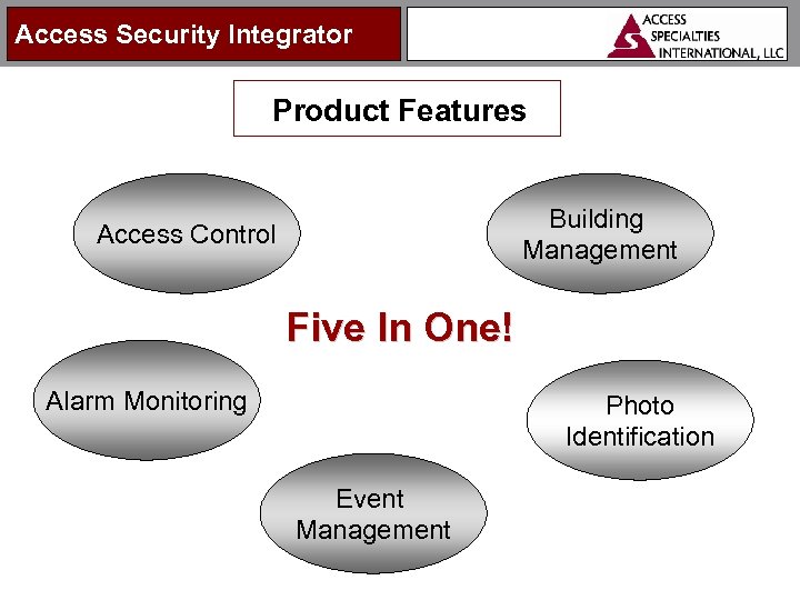 Access Security Integrator Product Features Building Management Access Control Five In One! Alarm Monitoring