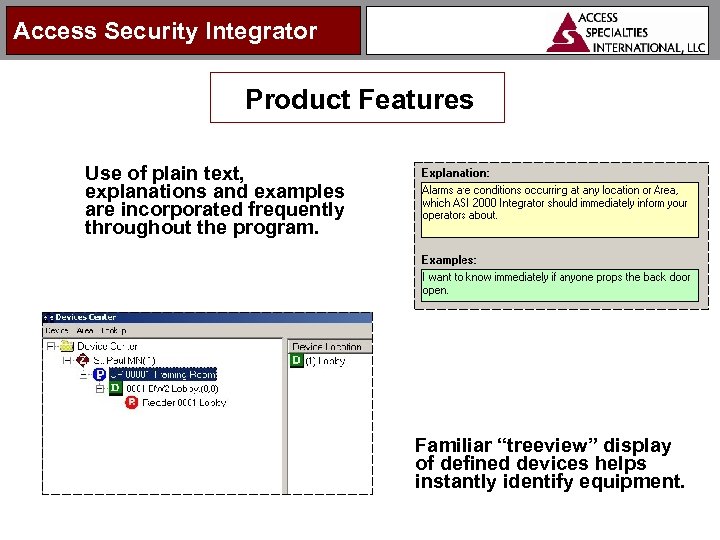 Access Security Integrator Product Features Use of plain text, explanations and examples are incorporated
