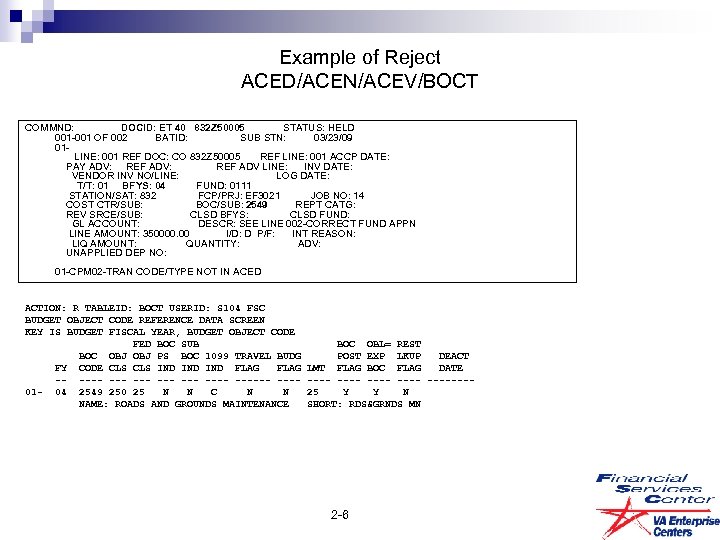 Example of Reject ACED/ACEN/ACEV/BOCT COMMND: DOCID: ET 40 832 Z 50005 STATUS: HELD 001