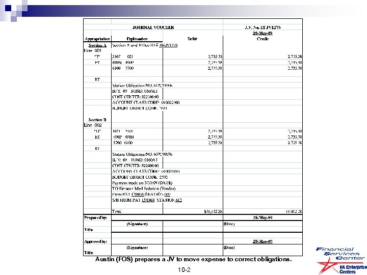 Austin (FOS) prepares a JV to move expense to correct obligations. 10 -2 