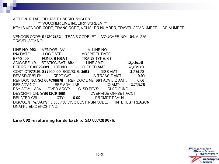 ACTION: R TABLEID: PVLT USERID: S 104 FSC *** VOUCHER LINE INQUIRY SCREEN ***