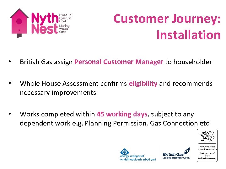 Customer Journey: Installation • British Gas assign Personal Customer Manager to householder • Whole