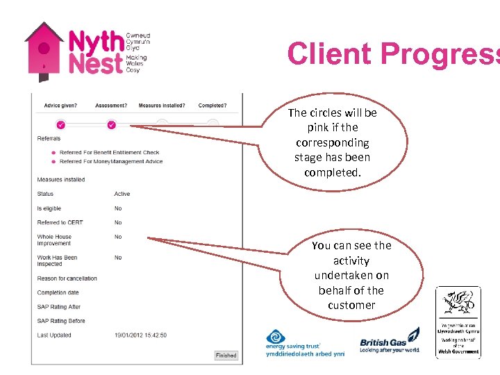 Client Progress The circles will be pink if the corresponding stage has been completed.