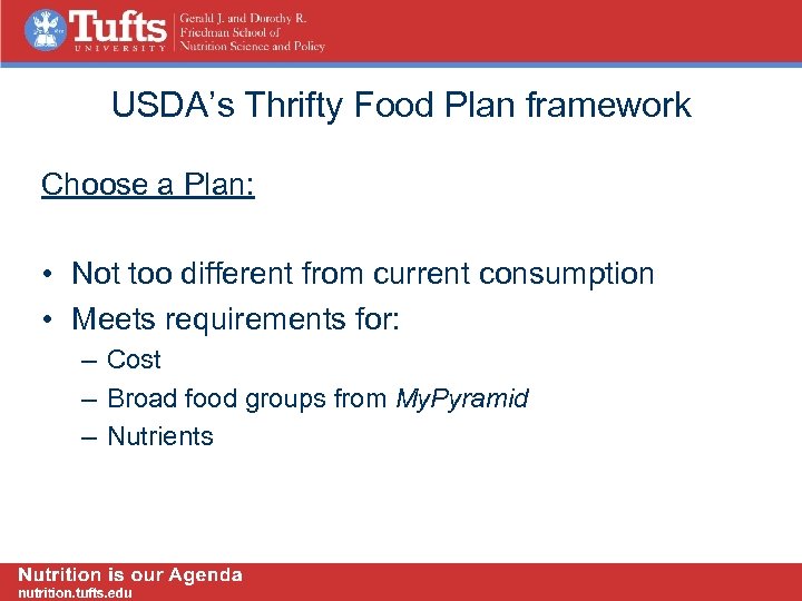 USDA’s Thrifty Food Plan framework Choose a Plan: • Not too different from current