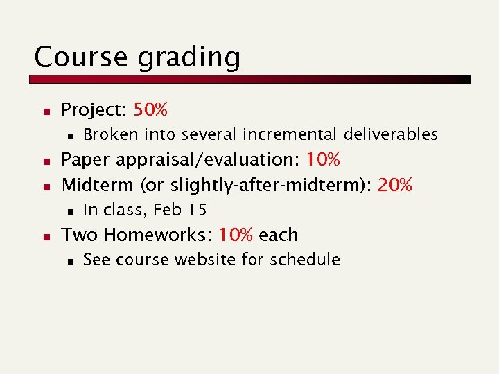 Course grading n Project: 50% n n n Paper appraisal/evaluation: 10% Midterm (or slightly-after-midterm):