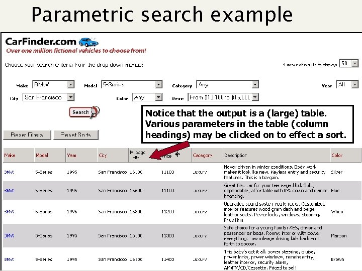 Parametric search example Notice that the output is a (large) table. Various parameters in